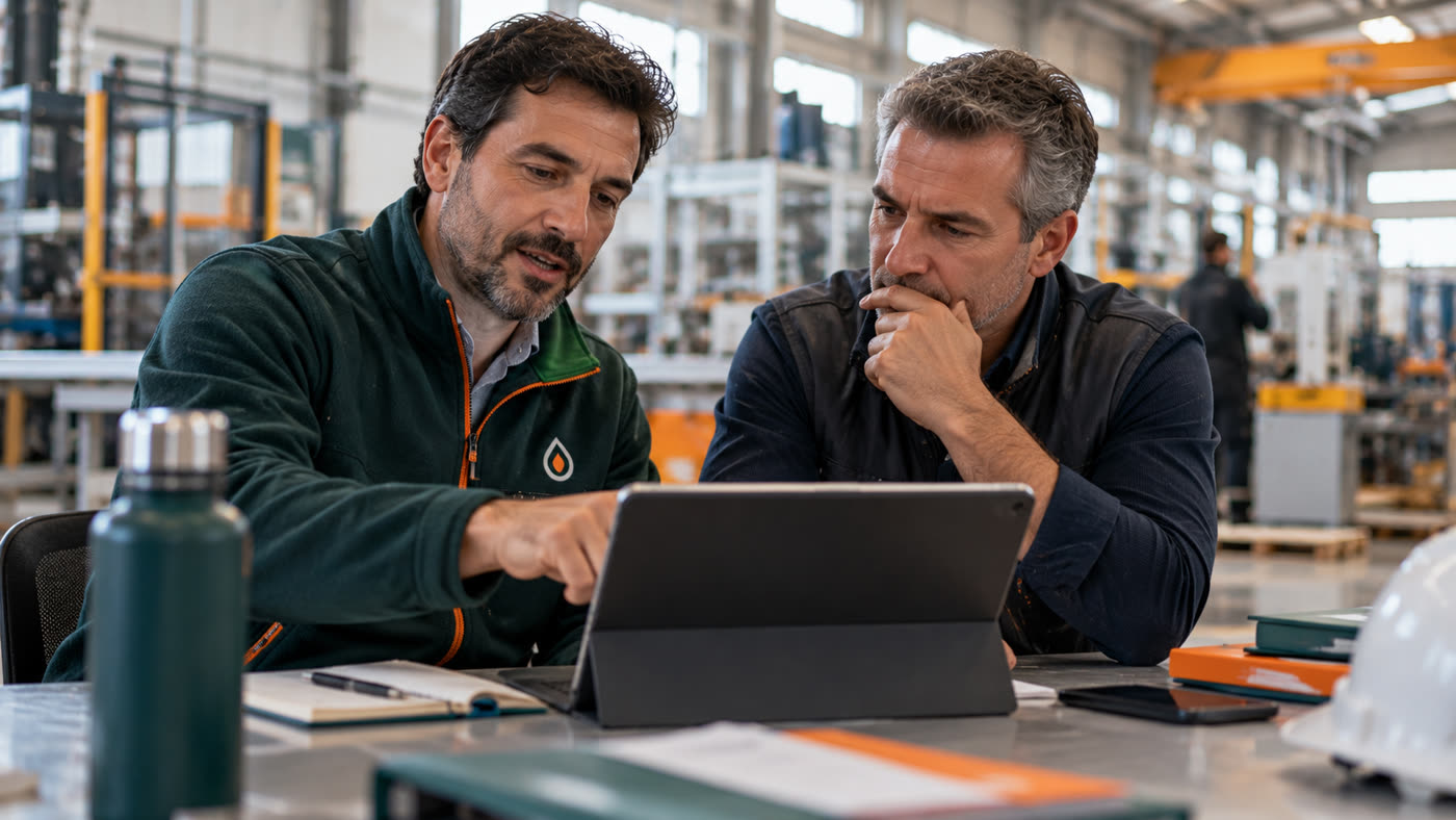 Técnico de Full Energía revisando el consumo con un cliente en su planta