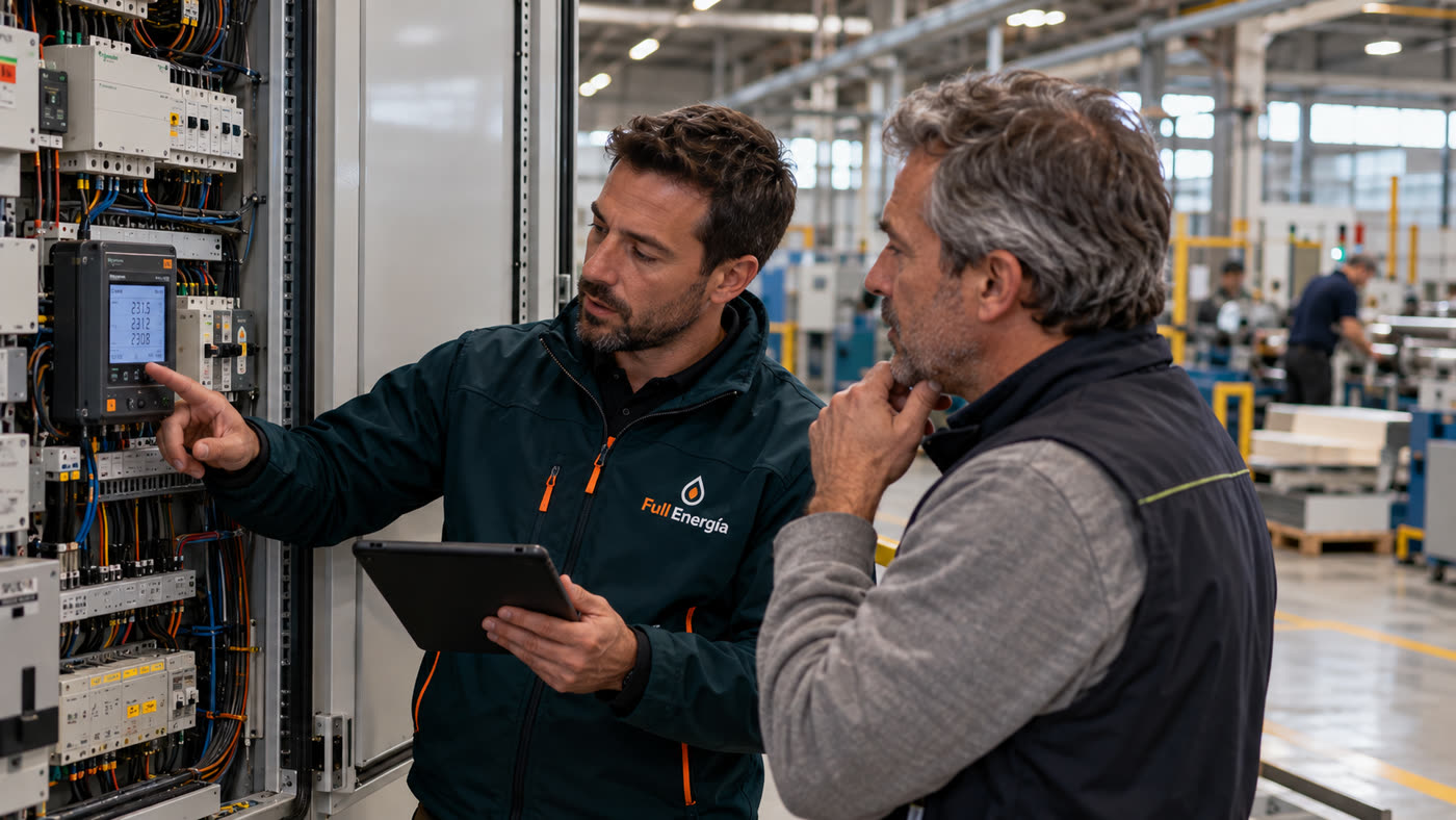 Técnico de Full Energía revisando un cuadro eléctrico con un cliente