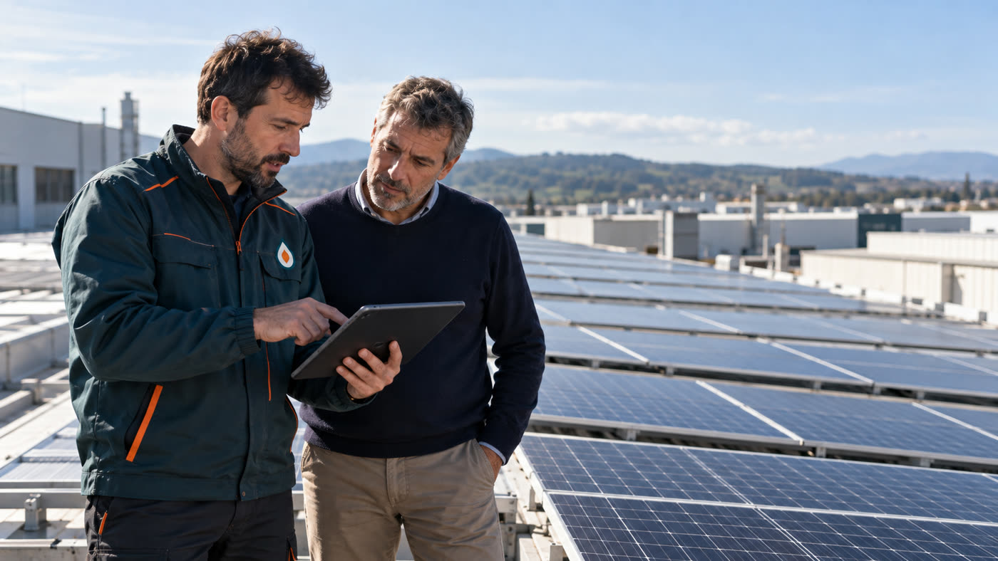 Técnico de Full Energía y cliente sobre una cubierta con placas solares