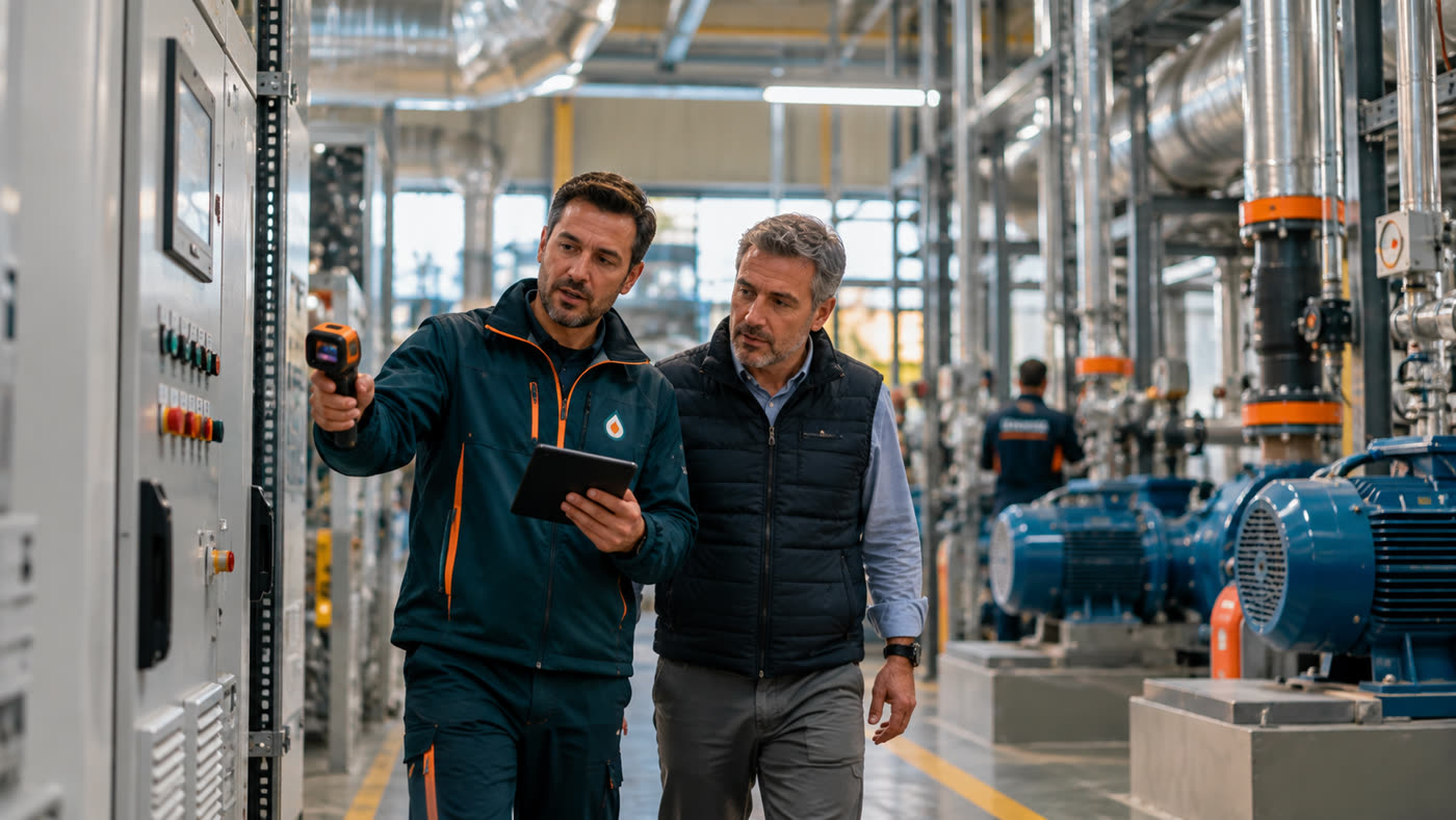 Técnico de Full Energía midiendo consumos en una sala de máquinas
