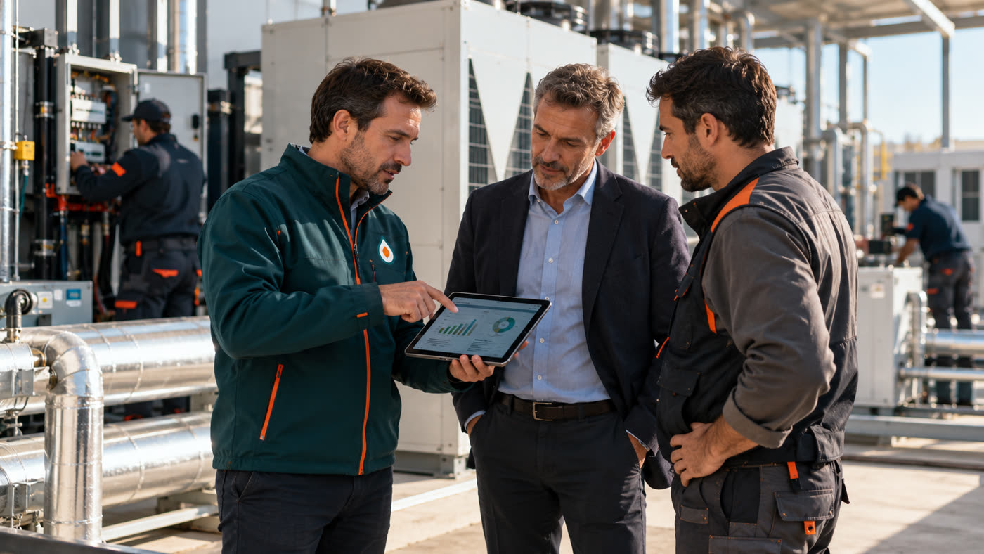 Equipo de Full Energía y cliente revisando una instalación industrial