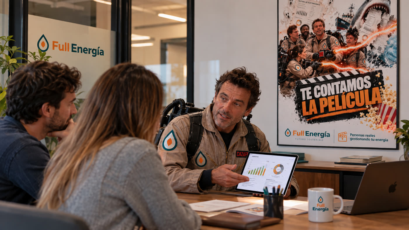 Equipo de Full Energía explicando una factura con el cartel de Te contamos la película
